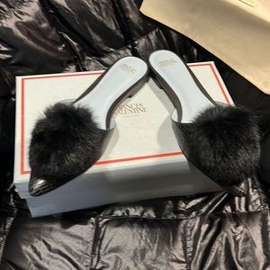 Frances Valentine Black Pointed-Toe Fur-Trim Mules